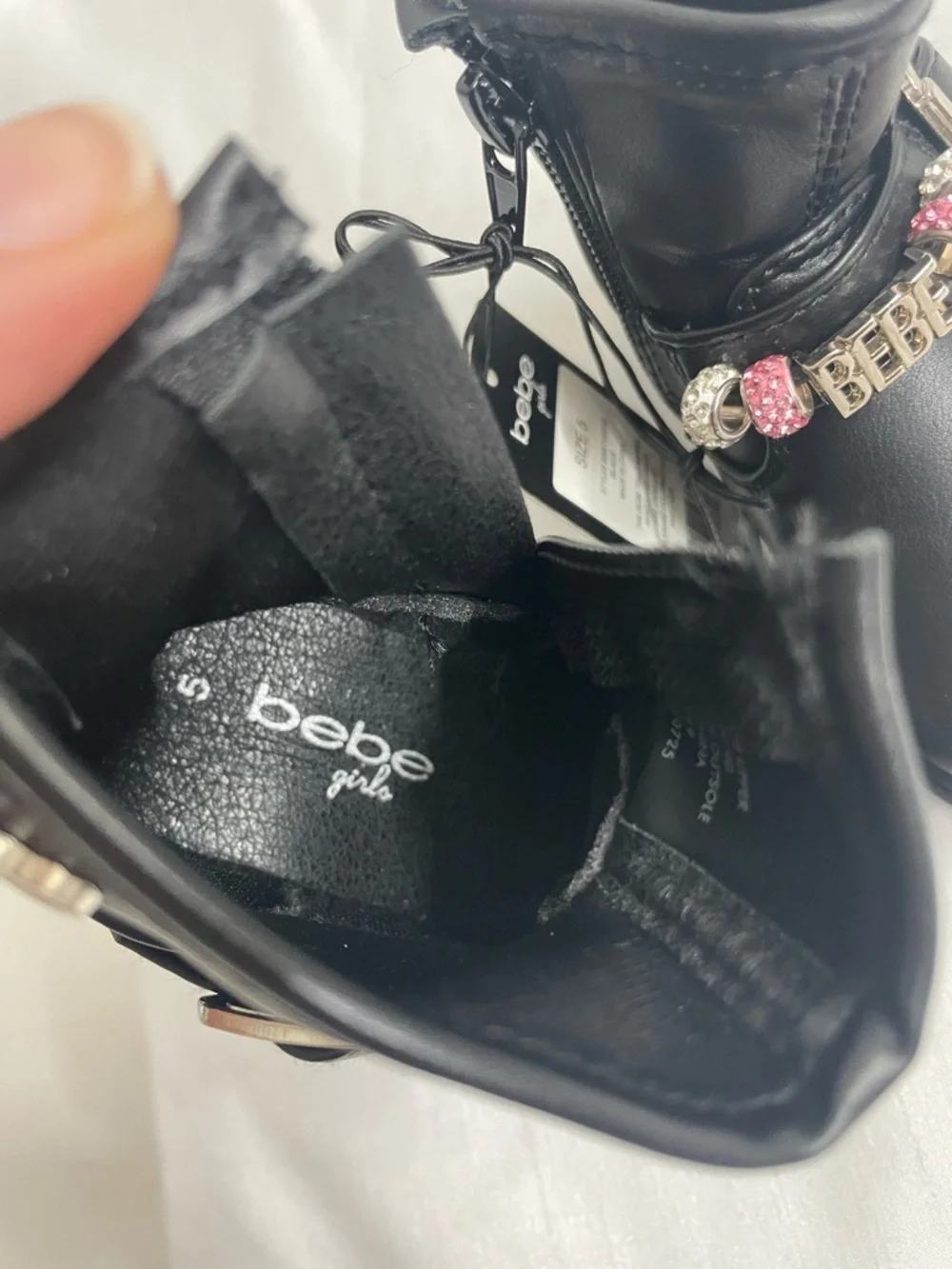 BEBE black moto boots with rhinestone Beads and plate Size 5 Baby Girl